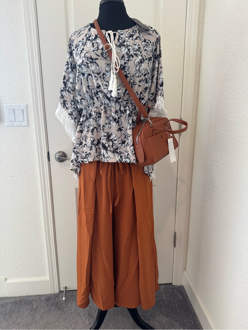 Floral poncho like top, Wide-Leg Drawstring Pants and Crossbody Hand bag.